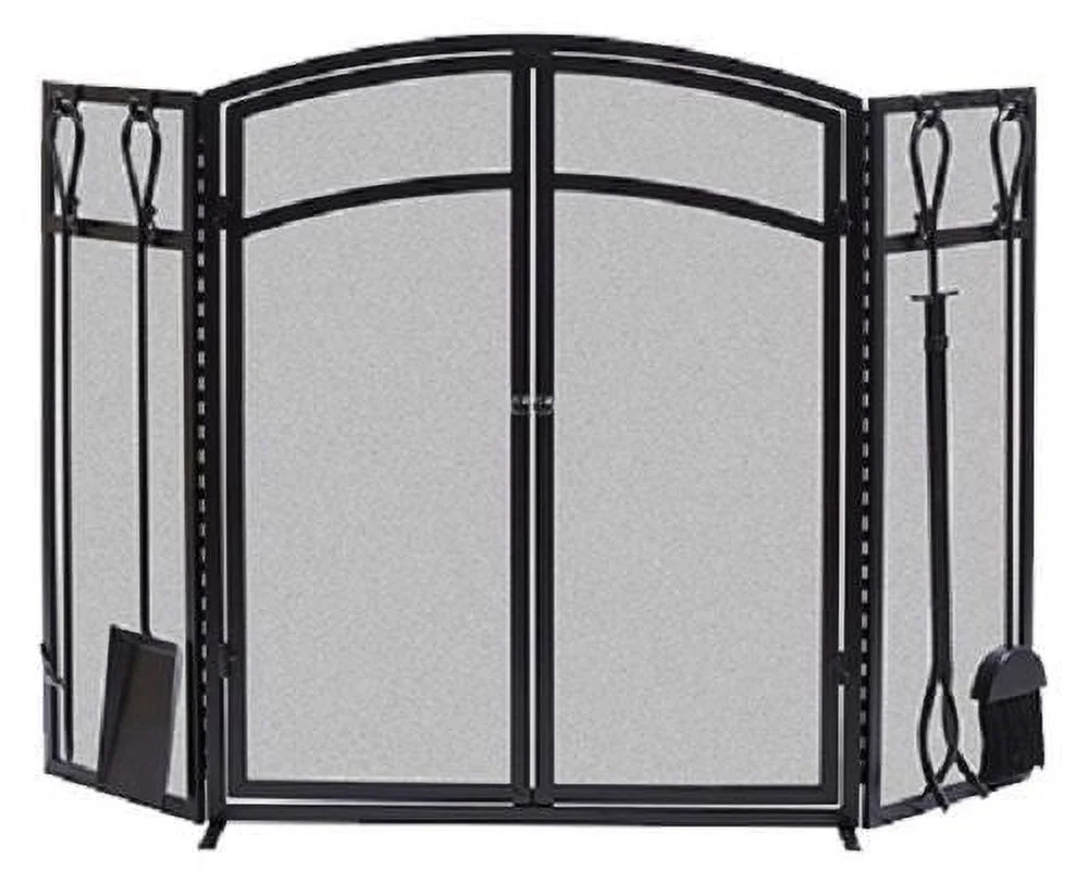 Panacea 15138 3 Panel Black Arch Steel Fireplace Screen With Doors - Quantity of 1