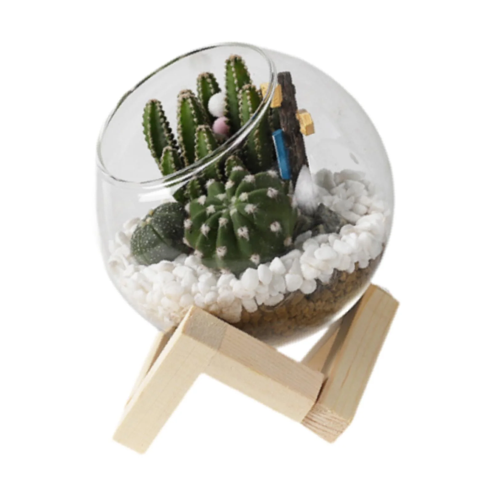 Miulika Glass Flower Pot Plant Container Creative with Wooden Holder Pot Bonsai Pot for Courtyard Balcony Outdoor Indoor 10cm