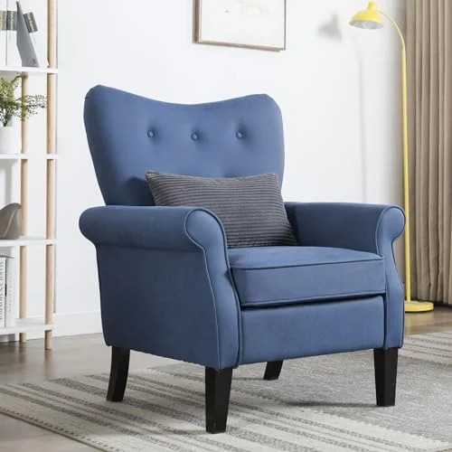 LNSETGC Tufted Upholstered Accent Arm Chair with Tech Cloth(Leathaire)  Love Shape Single Sofa Club Chair for Living Room  Bedroom  Home Office  Reading/Hosting Room Blue Color