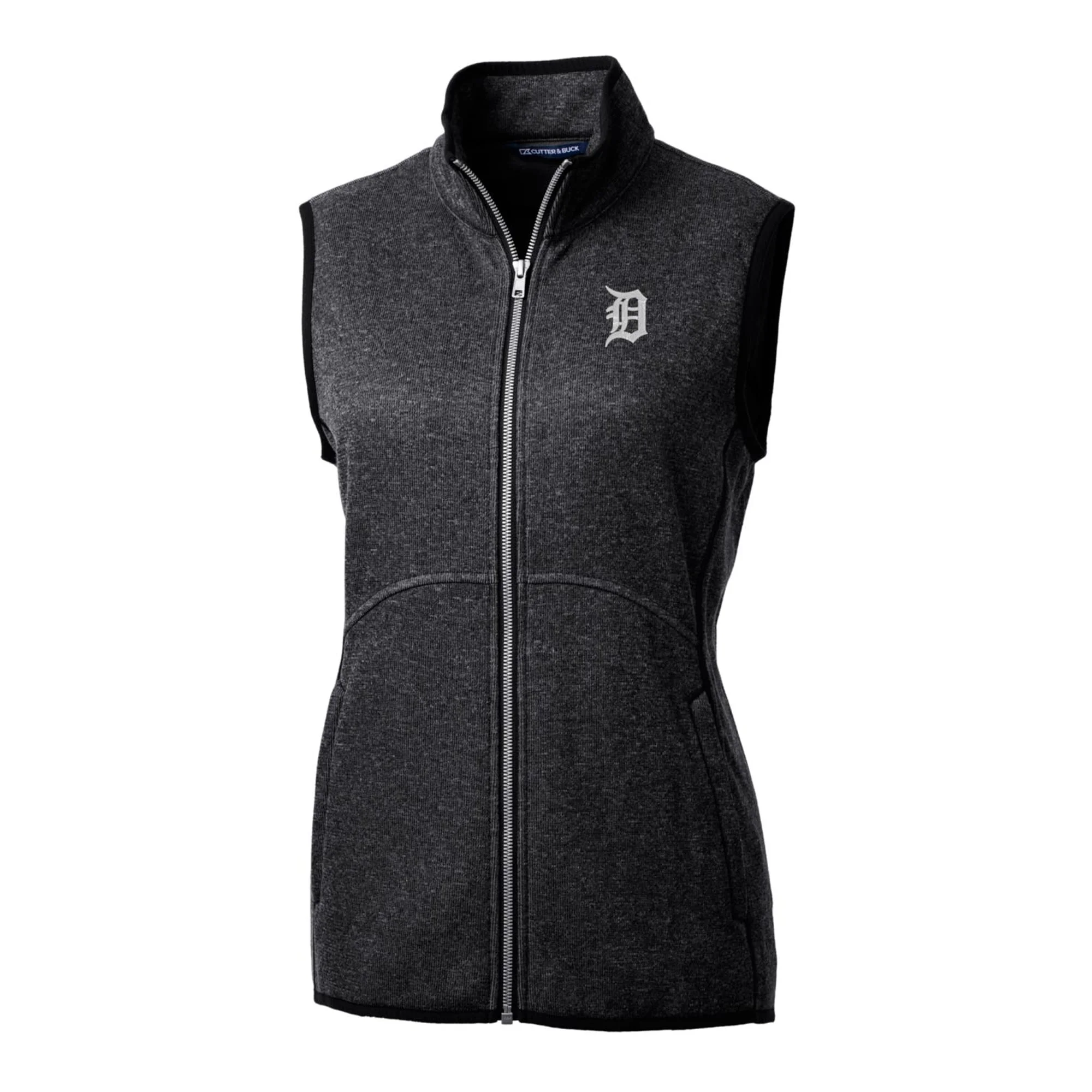 Women's Cutter & Buck Heathered Charcoal Detroit Tigers Mainsail Sweater-Knit Full-Zip Vest