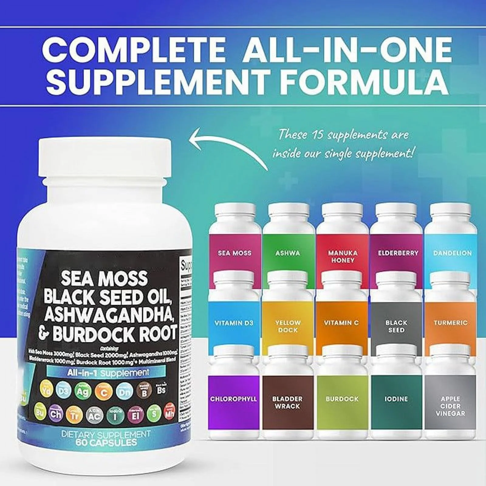 Sea Moss 3000mg Black Seed Oil 2000mg Ashwagandha 1000mg Turmeric 1000mg Bladderwrack 1000mg Burdock 1000mg & Vitamin C & D3 with Elderberry Manuka Dandelion Yellow Dock Iodine Chlorophyll ACV