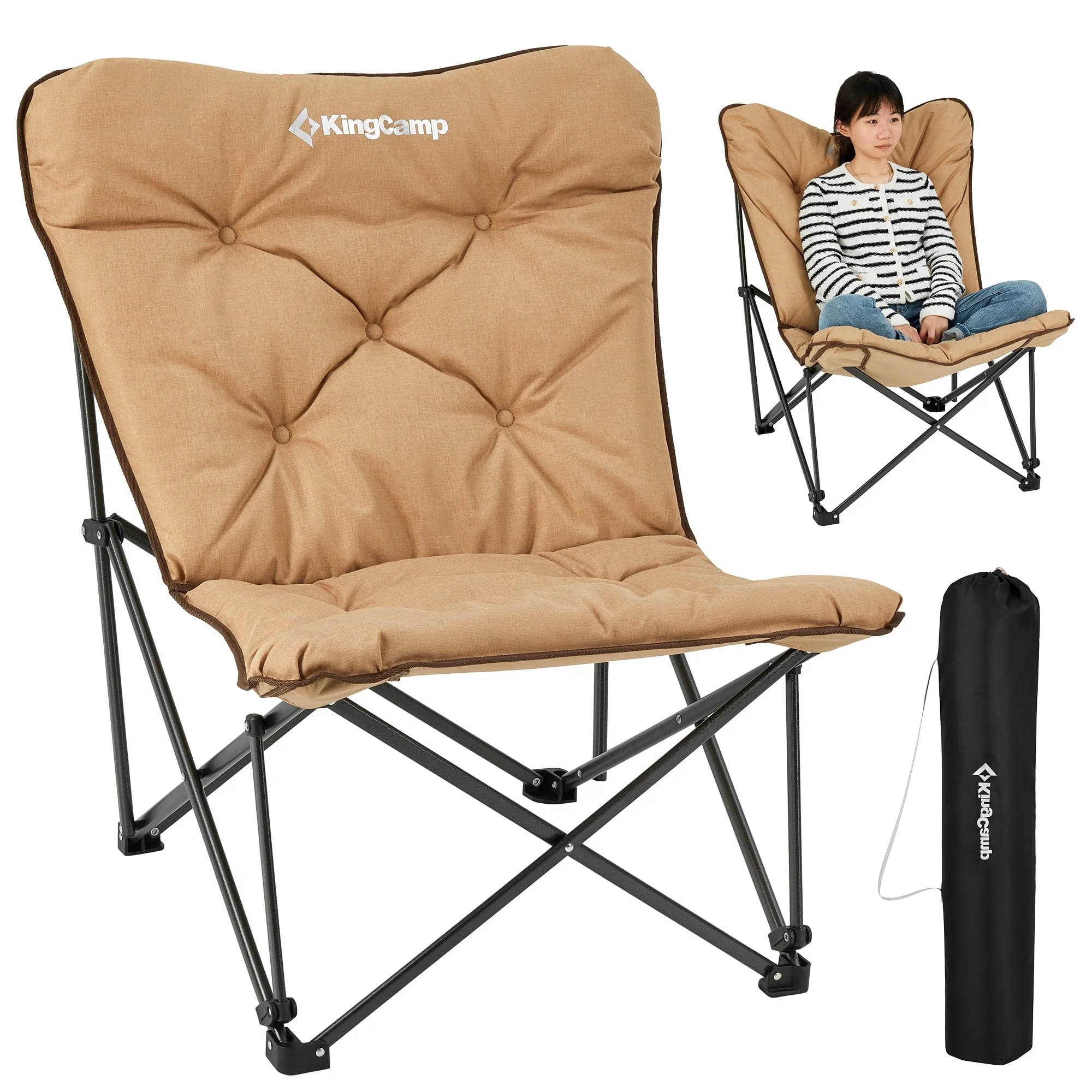 KingCamp Folding Camping Chair Oversized Butterfly Dorm Chair Padded Highback Chair for Indoor  Outdoor Adult Support 300lbs Khaki