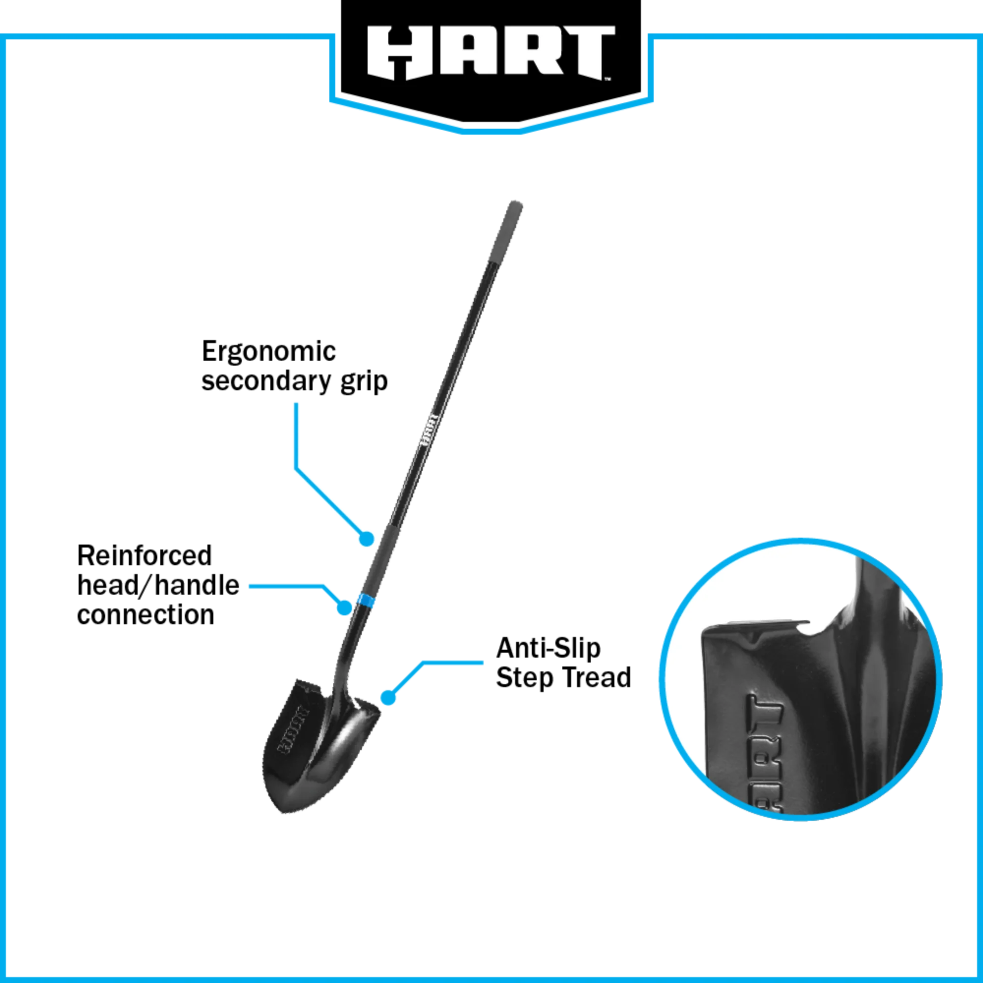 HART Heavy-Duty Steel Digging Shovel with Fiberglass Handle and Anti Slip Step Tread