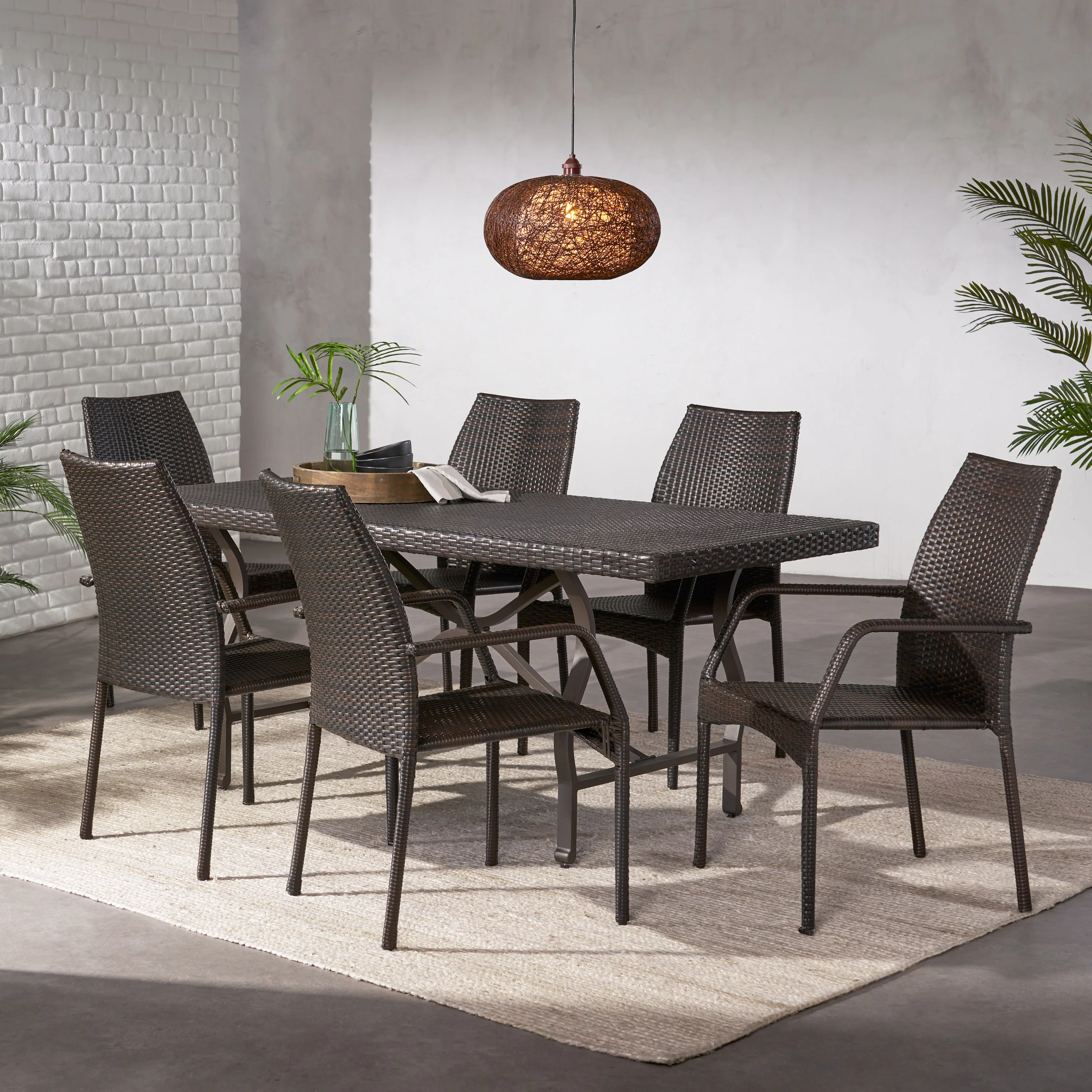 Amelia Outdoor 7 Piece Wicker Dining Set, Multibrown
