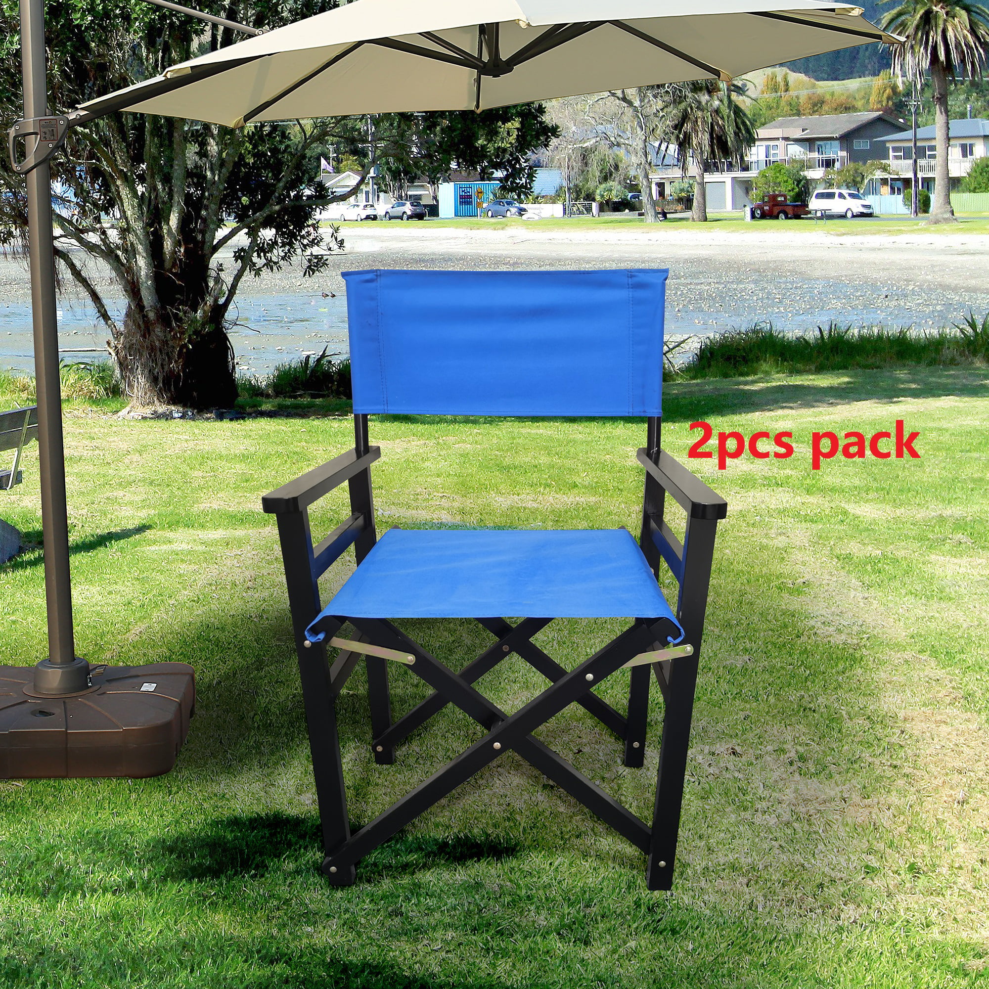 Folding Chair Wooden Director Chair Canvas Folding Chair&nbsp; Folding Chair&nbsp; 2pcs/set&nbsp;&nbsp; populus + Canvas (Color : Blue)