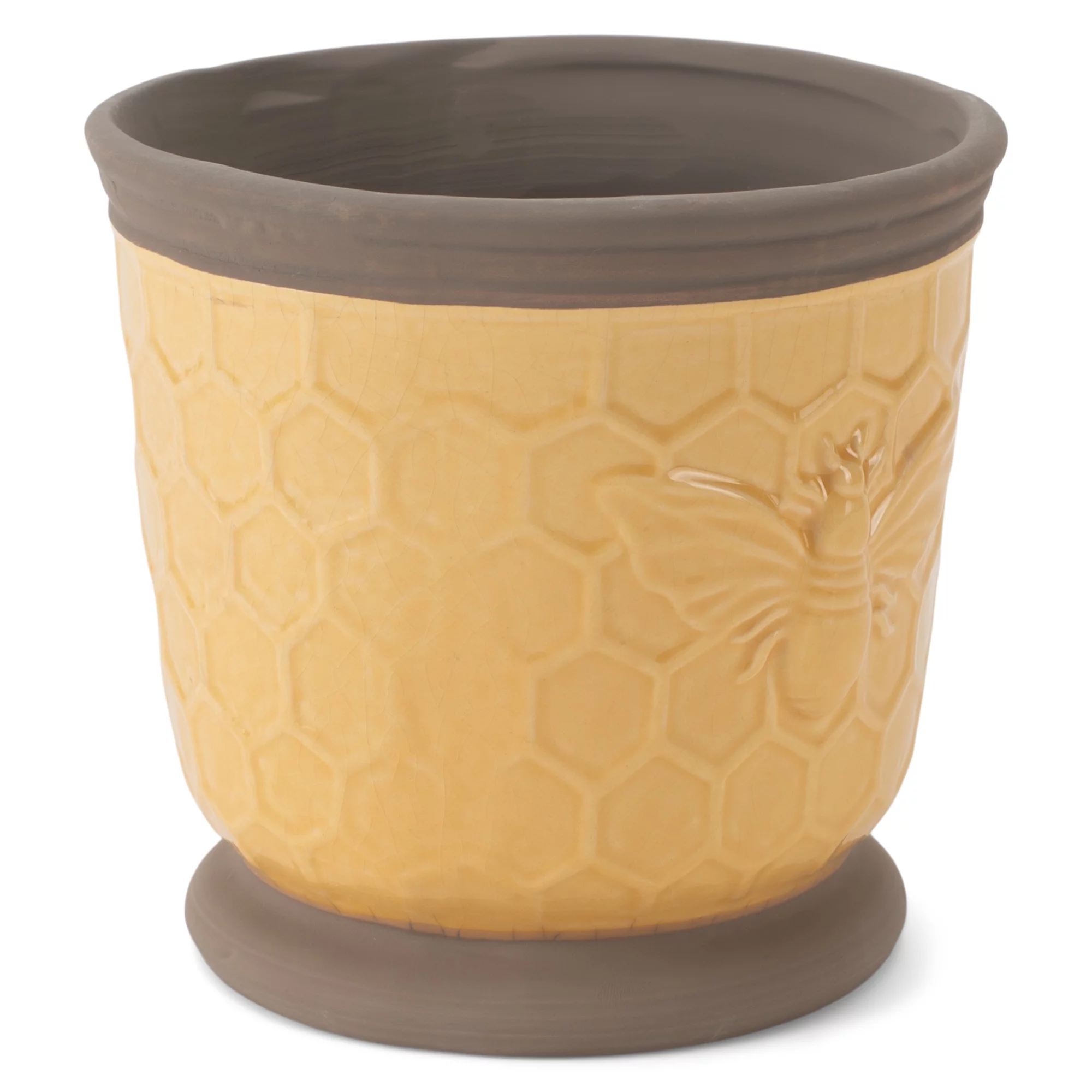 Napco Honeycomb Design Yellow and Dark Brown 4.75 Inch Ceramic Flower Pot Planter