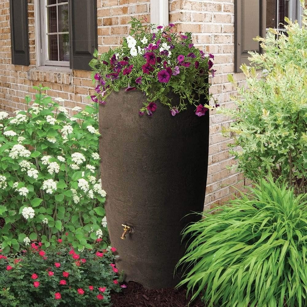 Athena 80 Gallon Plastic Outdoor Rain Barrel With Brass Spigot  Screen Guard For Rain Water Collection  Storage, Brownstone
