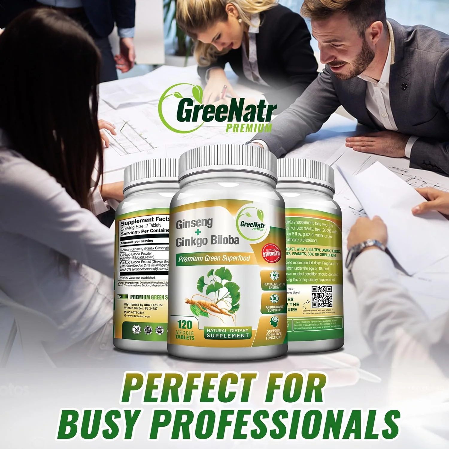 Panax Ginseng + Ginkgo Biloba Tablets - Premium Non-GMO/Veggie Superfood - Traditional Energy Booster and Brain Sharpener (120 Tablets)