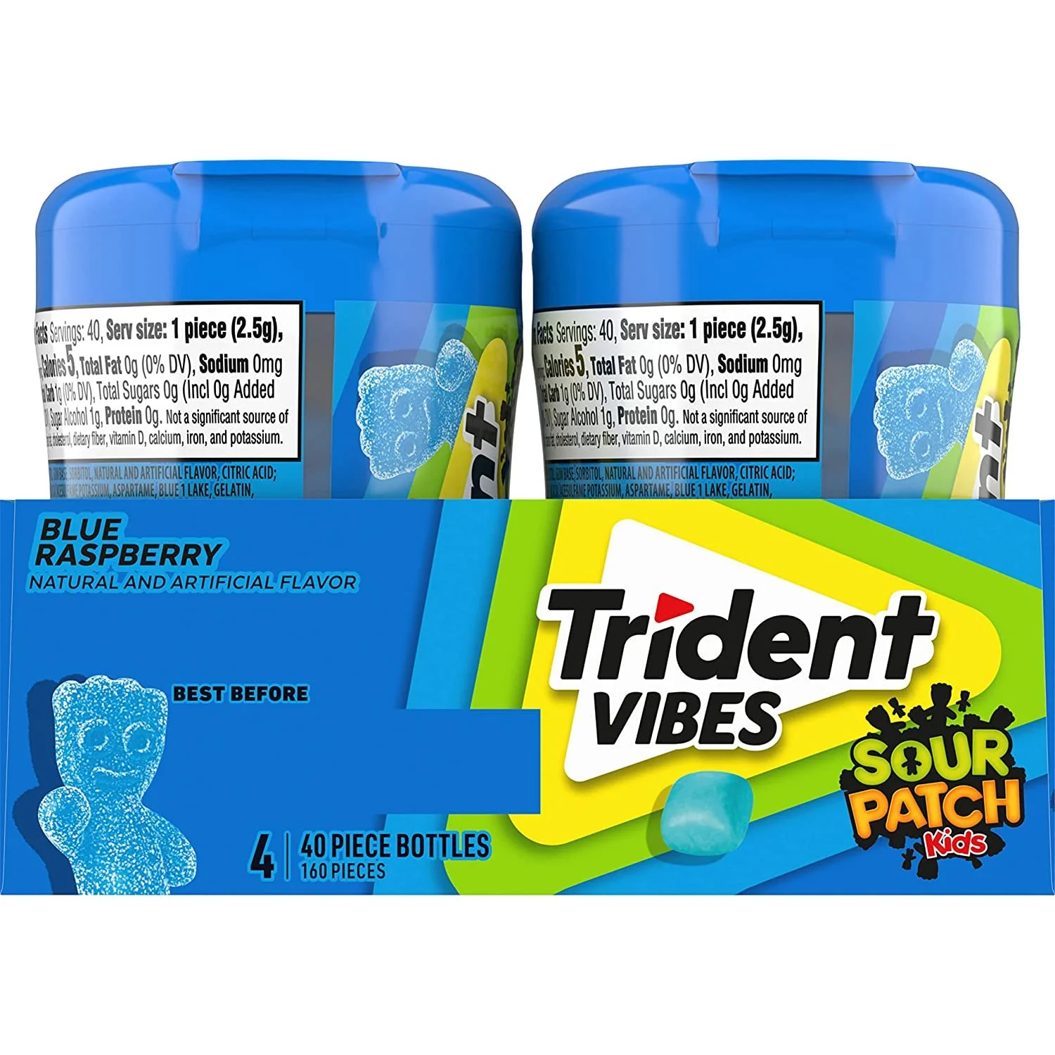 Trident Vibes SOUR PATCH KIDS Blue Raspberry Sugar Free Gum, 4-40 Piece Bottles 160 Total Pieces