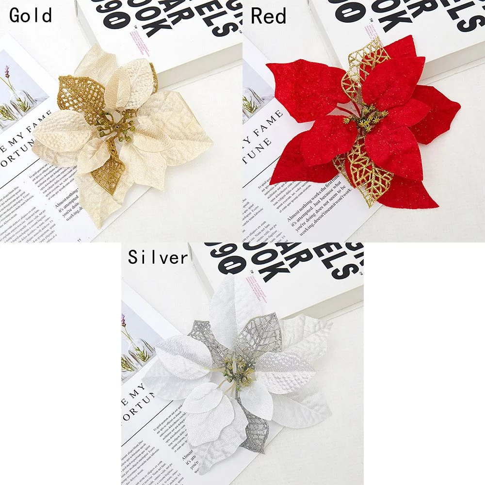 5PCS Home Christmas Gift Party Supplies DIY Fake Flower Artificial Flowers Xmas Tree Decorations Glitter Poinsettia RED