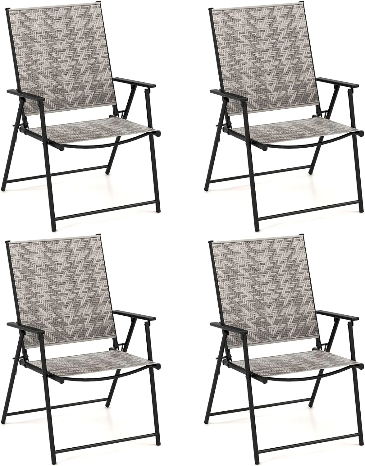 Patio Folding Chairs, Outdoor Wicker Dining Chairs with Armrests, Portable Lawn Chairs with Metal Frame for Garden, Backyard, Poolside, No Assembly (4, Mix Gray)