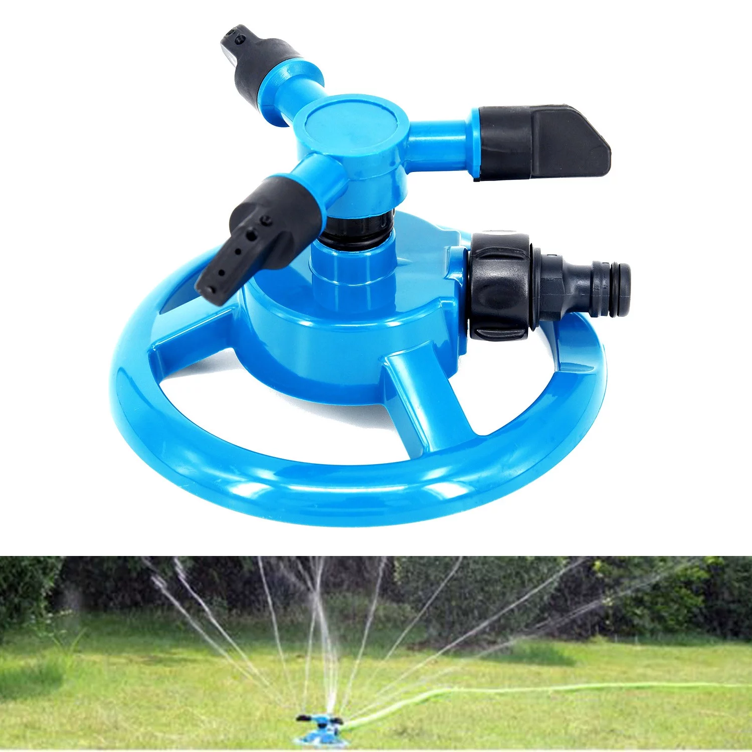 360° Lawn Circle Rotating Water Sprinkler 3 Nozzle Garden Pipe Hose Irrigation