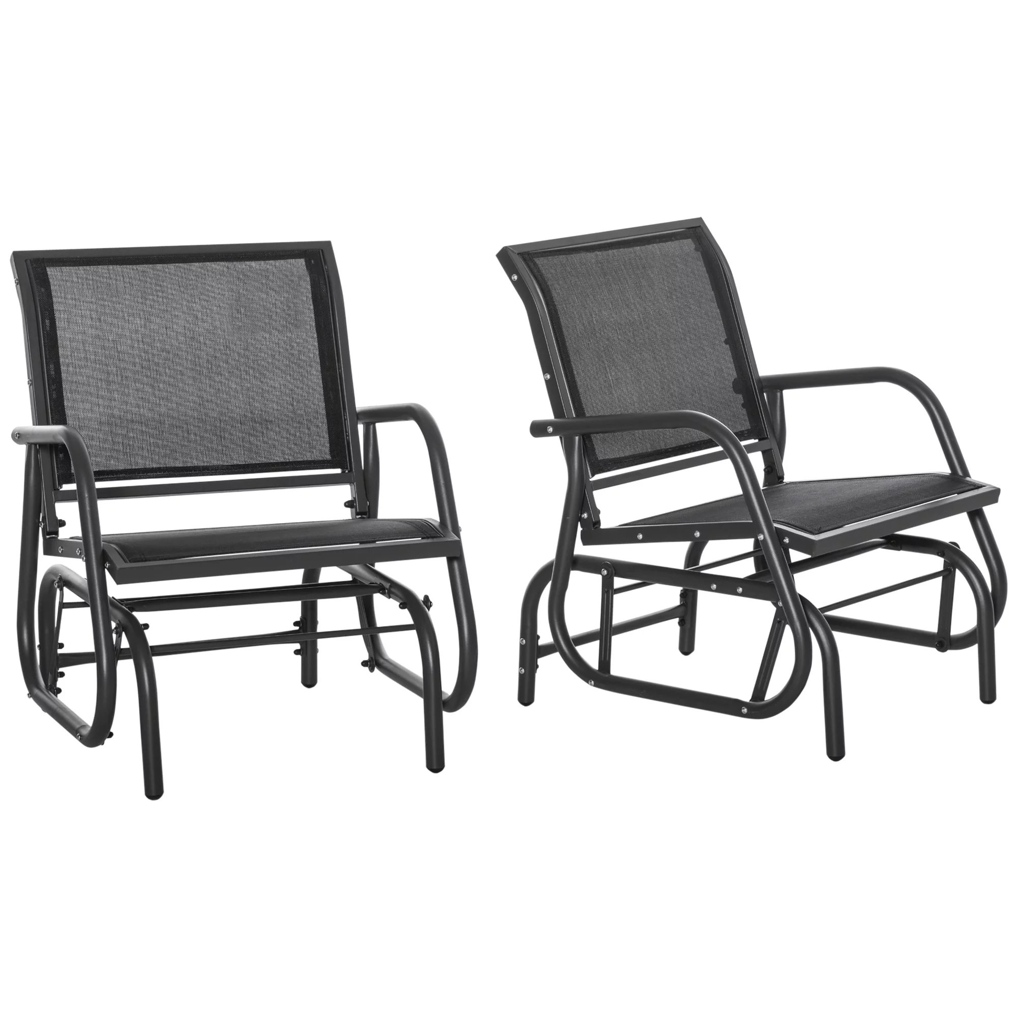 Homiyad Porch Glider Set of 2, Metal Frame Swing Glider Chairs with Breathable Mesh Fabric, Curved Armrests and Steel Frame for Garden, Poolside, Backyard, Balcony, Black