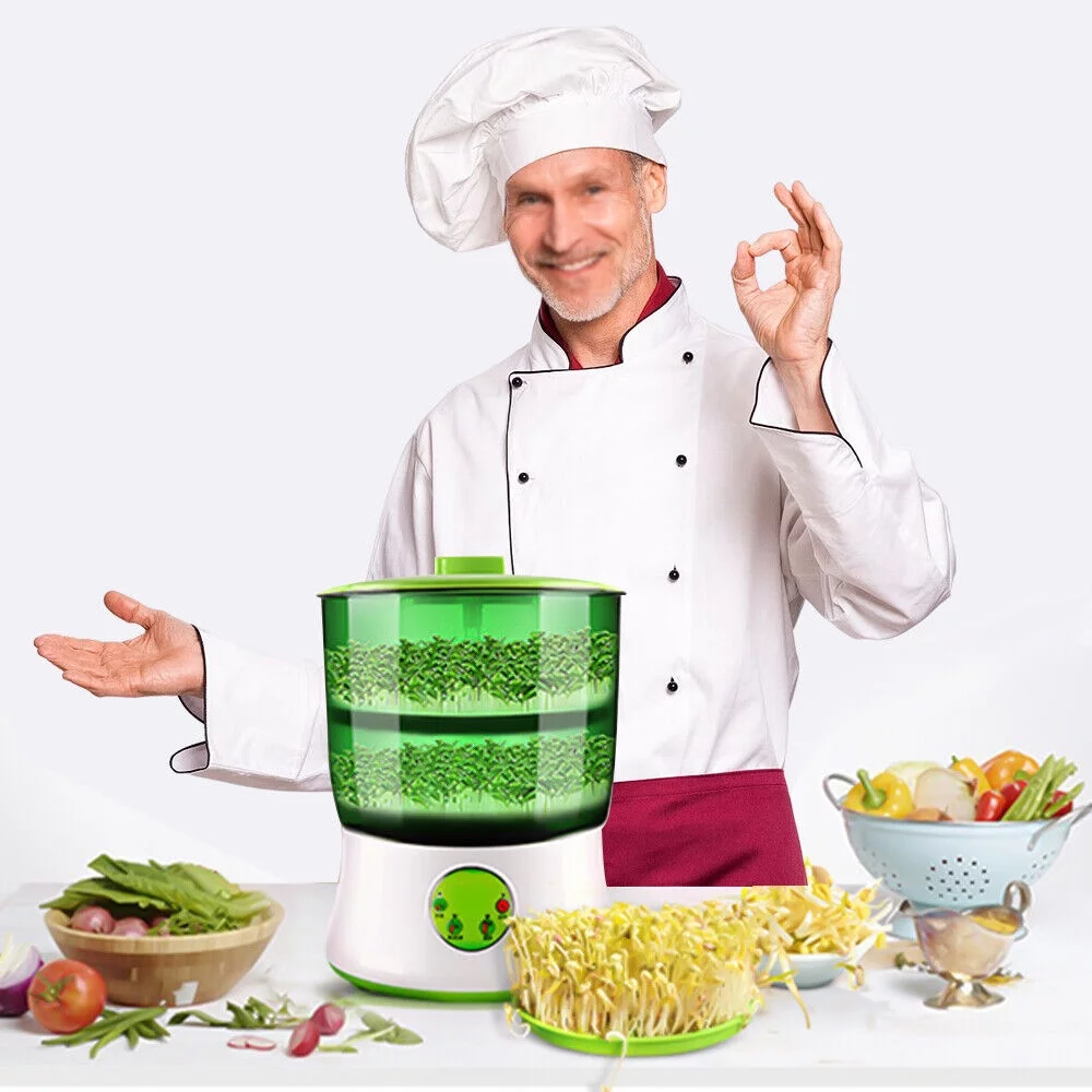 Bean Sprouts Machine Automatic Sprouts Growing Kit 2 Layers, Auto Household Bean Seed Cereal Sprouts Machine 360° Sprinkler, 3 Seasons Modes for Radish Wheatgrass Broccoli Sprouts 110V