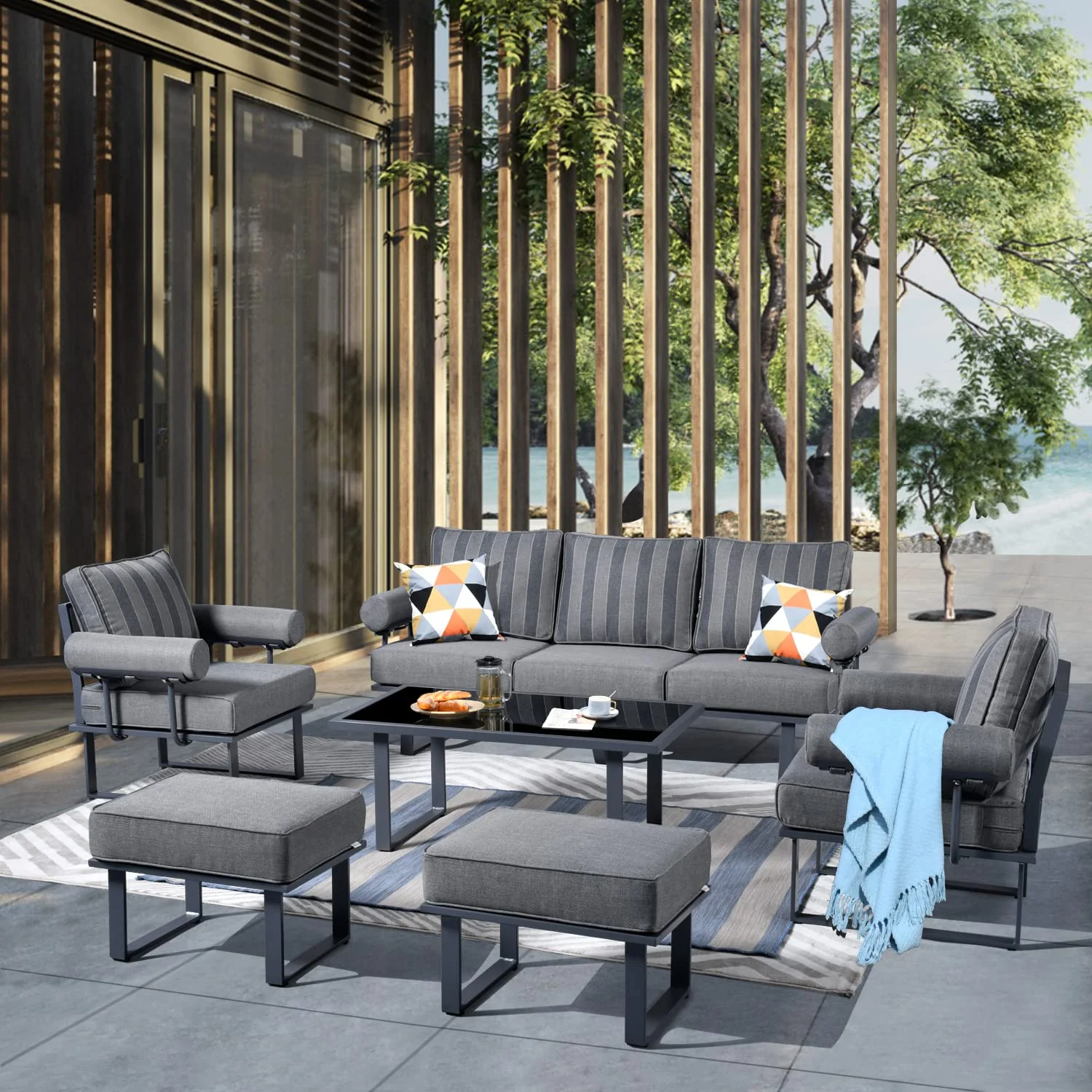 Vcatnet 6 Pieces Outdoor Patio Furniture Set Aluminum Cushioned Sofa Set with Tempered Glass Top Table,Gray stripes