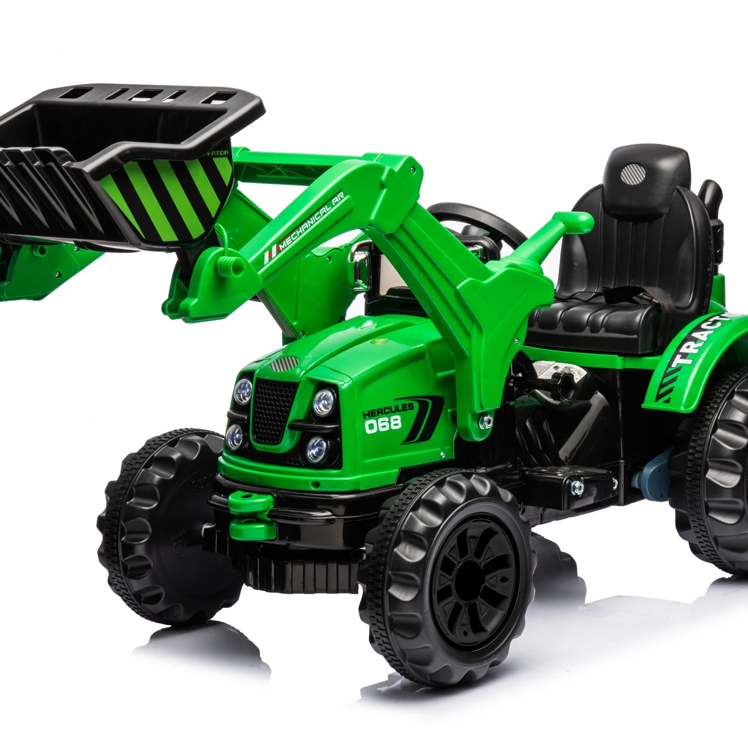 Exciting Green Kids 12V Battery Powered Ride on Excavator with Front Loader  Horn  Safety Belt  Digger  2 Speeds  Forward/Backward Functionality  and Treaded Wheels! Perfect Construction