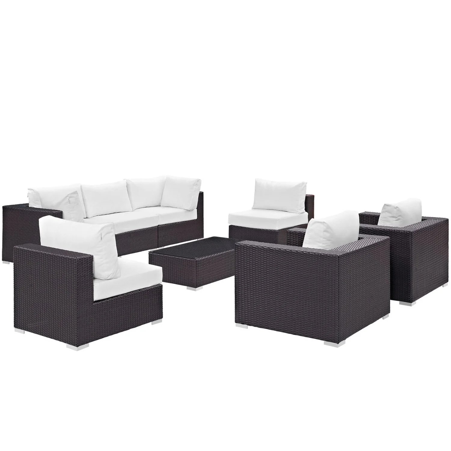 Lounge Sectional Sofa Table Set, White, Rattan, Wicker, Outdoor Patio Balcony Cafe Bistro Garden Hospitality Restaurant, Modern Contemporary HB32897