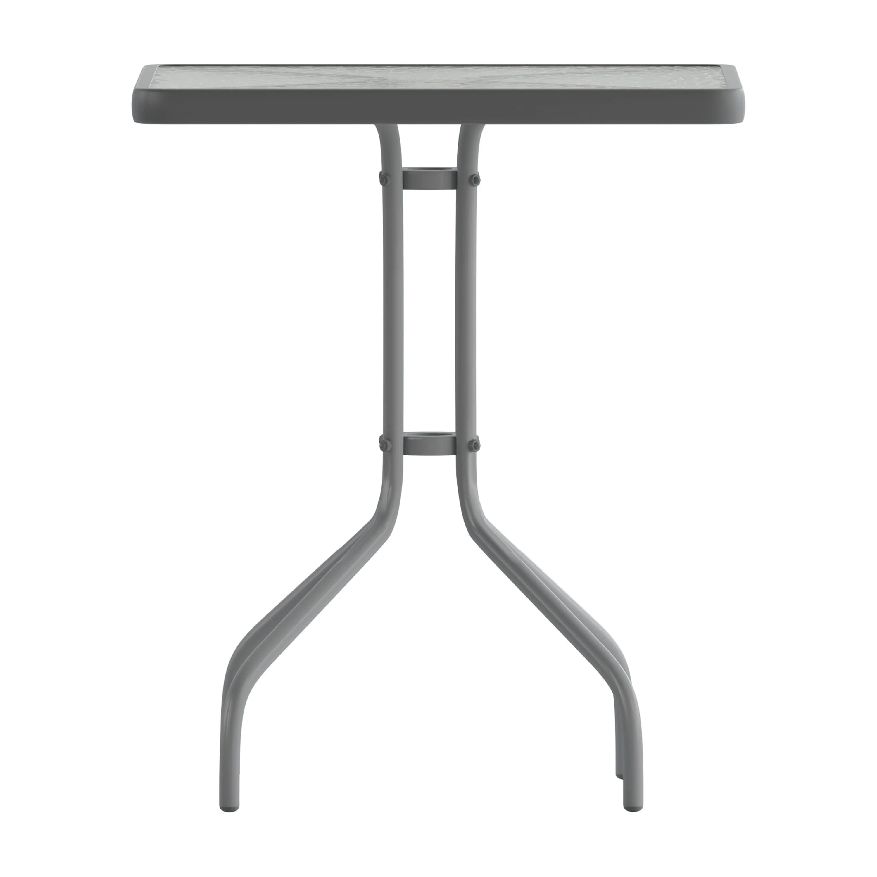 Emma + Oliver 23.5'' Square Glass Top Metal Table with 2 Silver Aluminum Slat Stack Chairs