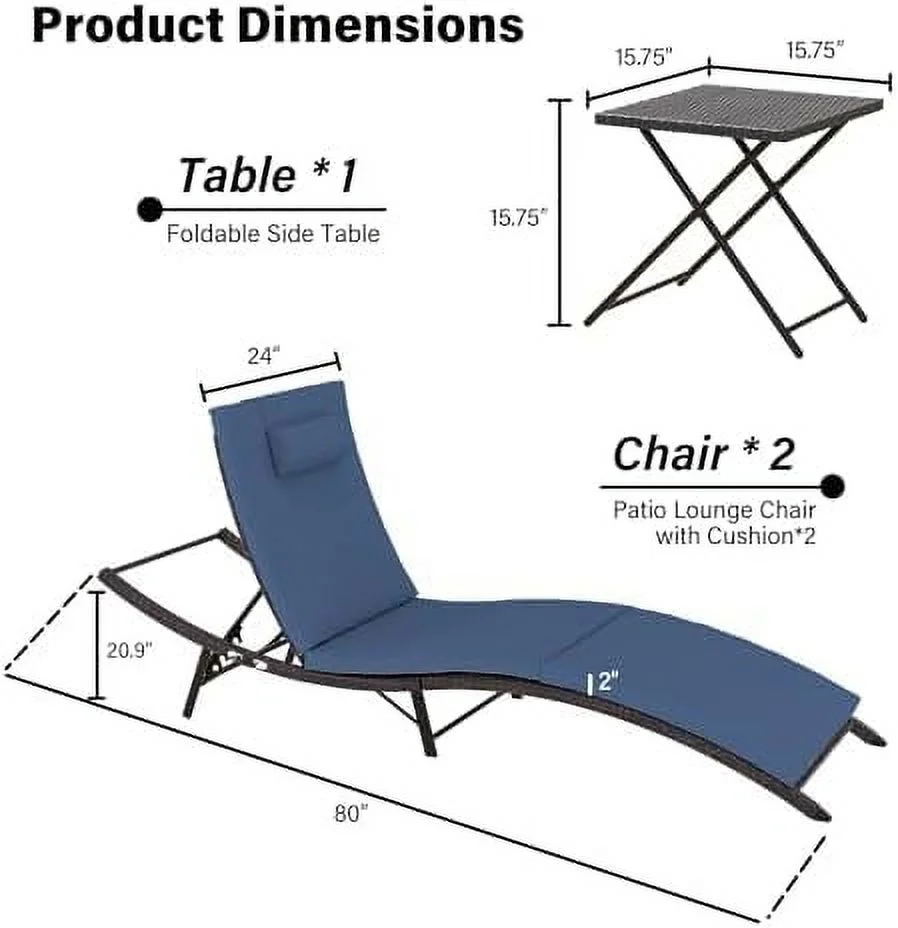 QYFZBIM Patio Chaise Lounge Set 3 Pieces Outdoor Lounge Chair with Rattan Adjustable Backrest and  for Beach Patio Sand  for Poolside Backyard Porch