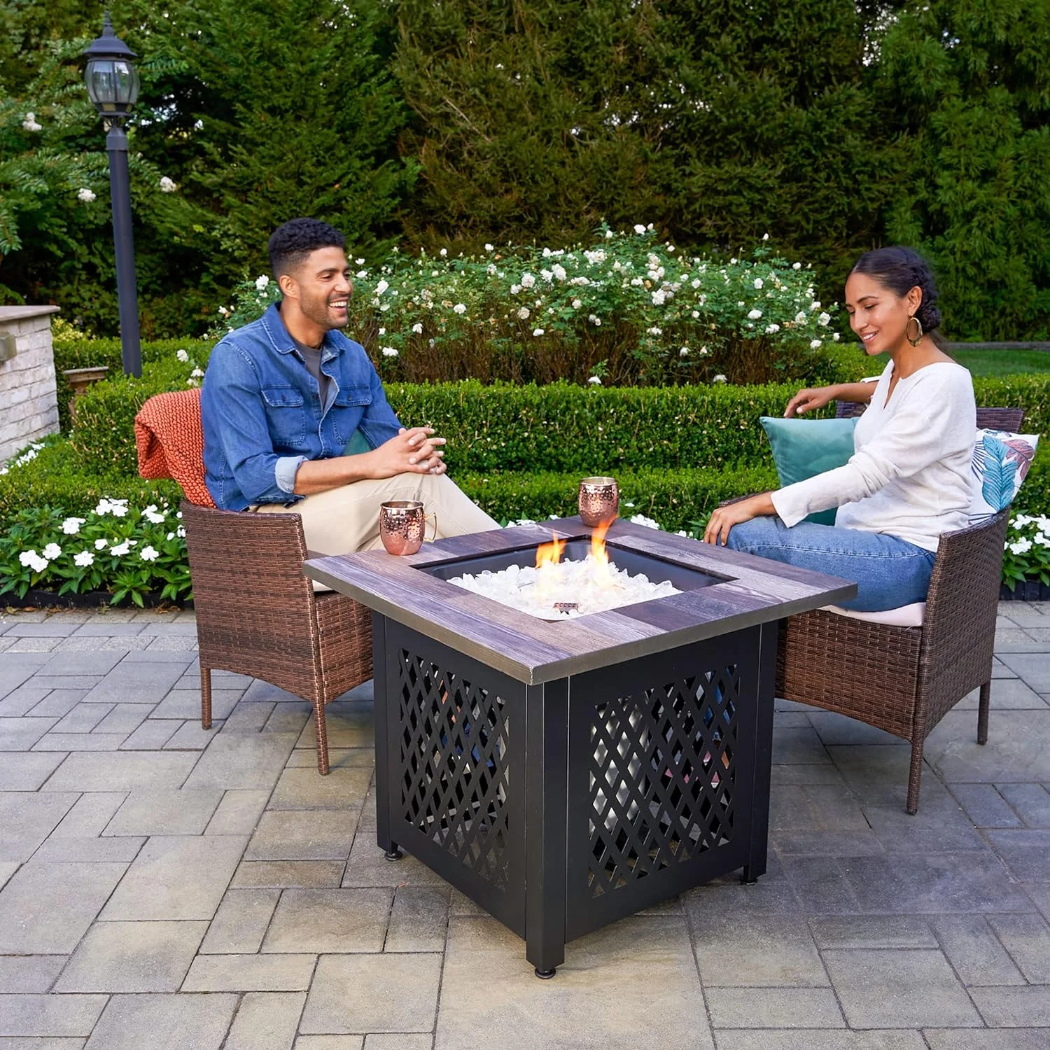 Nate 30 Inch Square Liquefied Petroleum Gas Table With Hidden Control Panel, White Fire Glass And Cover, Black