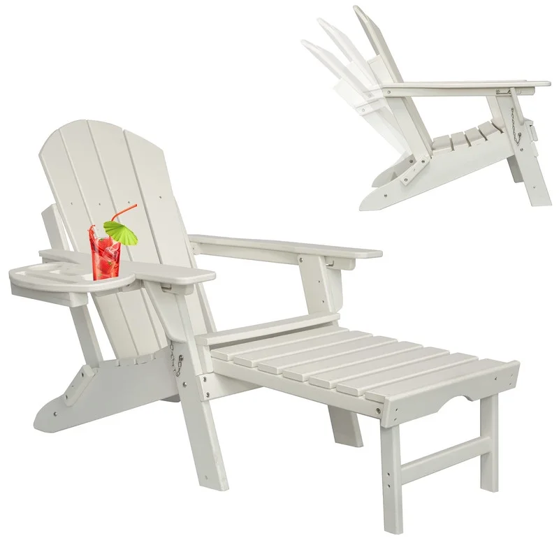 Folding Adirondack Chair with Retractable Ottoman, HDPE All-Weather Resistant Adjustable Backrest Adirondack Chair w/4 in 1 Cup Holder Trays, White