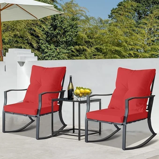 3-Piece Outdoor Rattan Rocking Chair Set for Apartment Balcony  Garden  Patio  and Front Porch Conversation Area. Includes Bistro Table with Cushions. Ideal for Small Spaces. (Red)