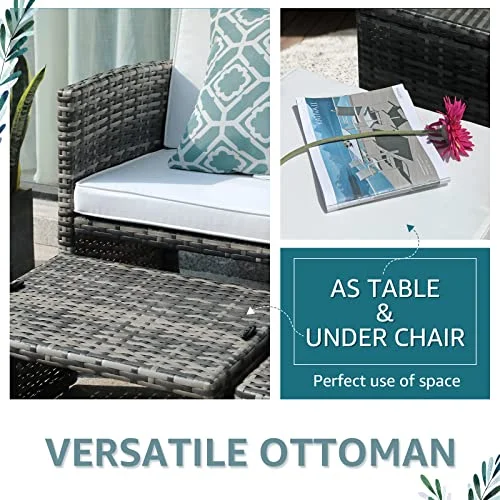 OC Orange-Casual Outdoor Loveseat Patio Furniture Rattan Conversation Set with Ottoman, White Cushions, Grey Wicker, Pillows Included