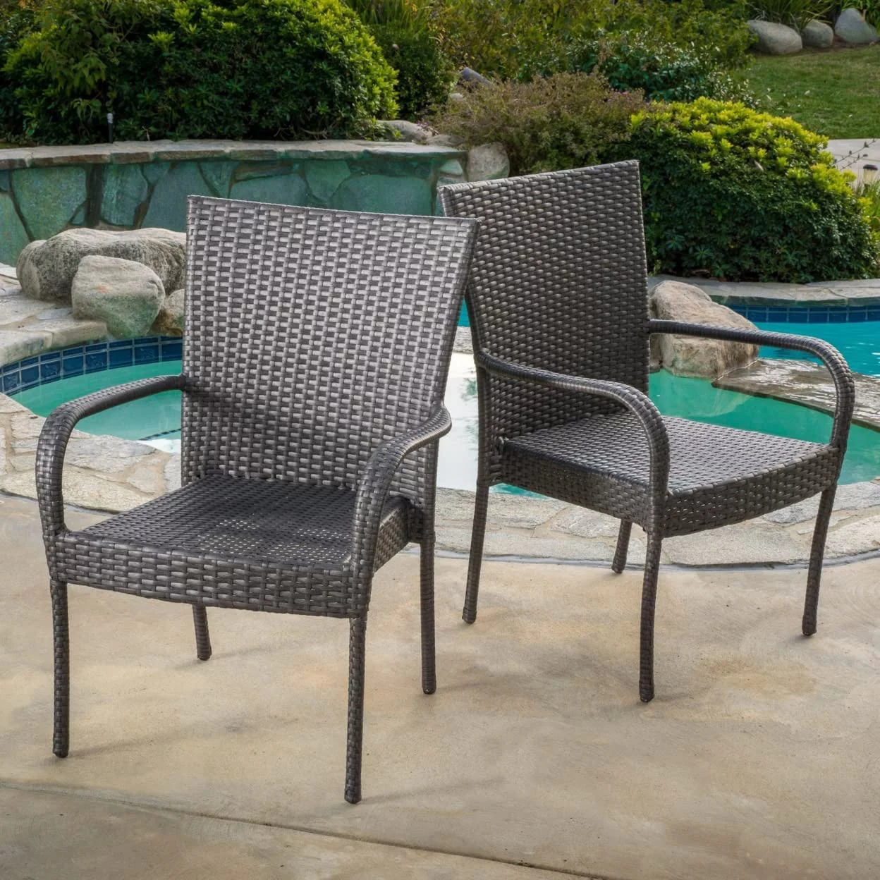 Of 2 Outdoor Grey Wicker Stackable Club Chairs