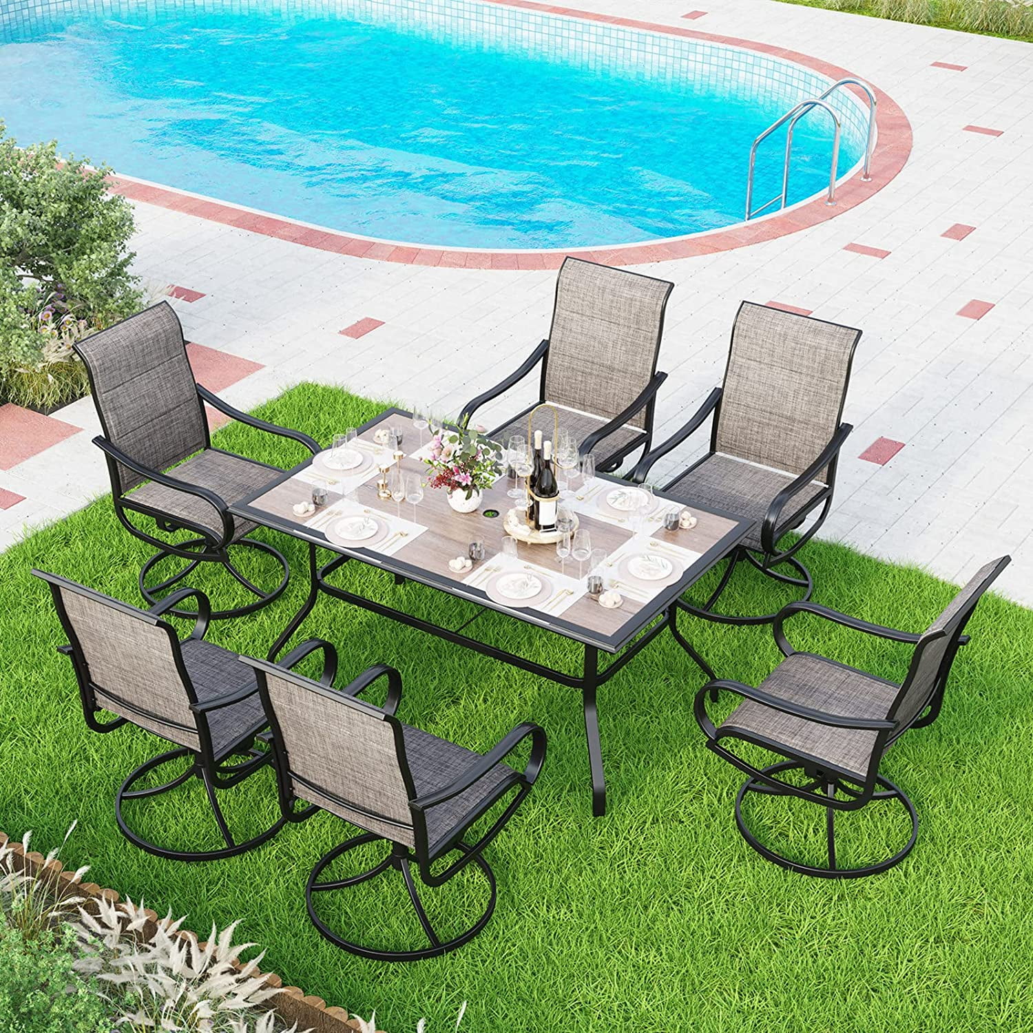 durable 7 Pieces Patio Dining Set  Rectangular Black Metal Table with 6 Padded Textilene Fabric Swivel Chairs  Outdoor Furniture Set with Umbrella Hole for Garden  Poolside  Backyard  Por