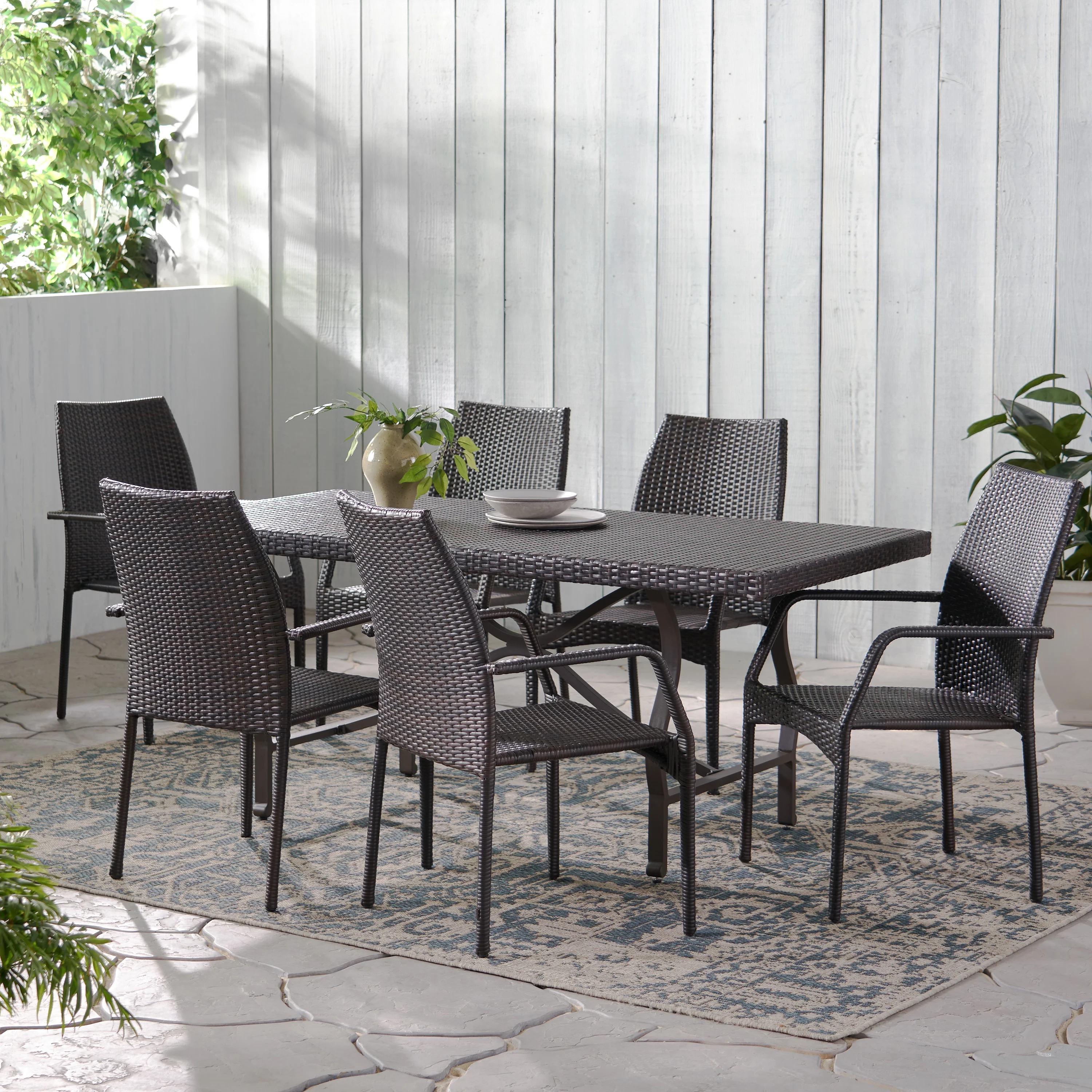 GDF Studio Alexi Outdoor 7 Piece Wicker Dining Set, Multibrown