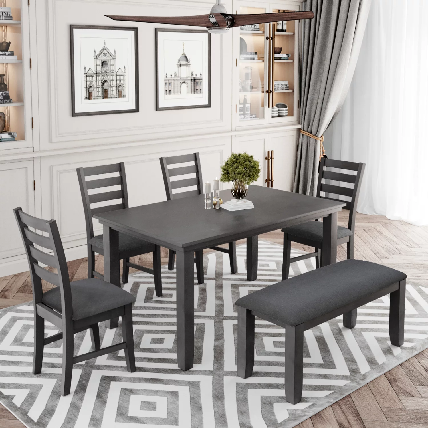Rustic Wood TREXM Dining Set with Bench  Elegant Gray Dining Table and Chairs  Set of 6 for Dining Room Décor and Entertaining