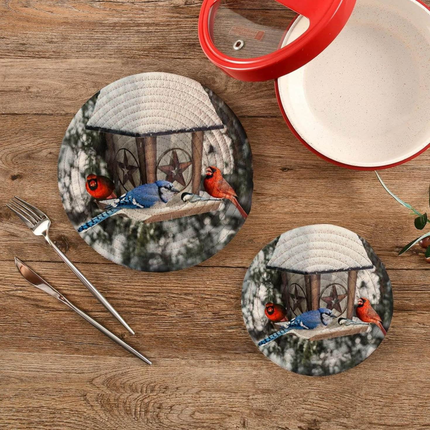Bird Blue Jays Cardinals Potholders Set Trivets Set 2 PCS, Winter Snow Lantern Pot Holders for Kitchen, 100% Cotton Woven Hot Pads Trivets Set for Kitchen Heat Resistant, 7.09