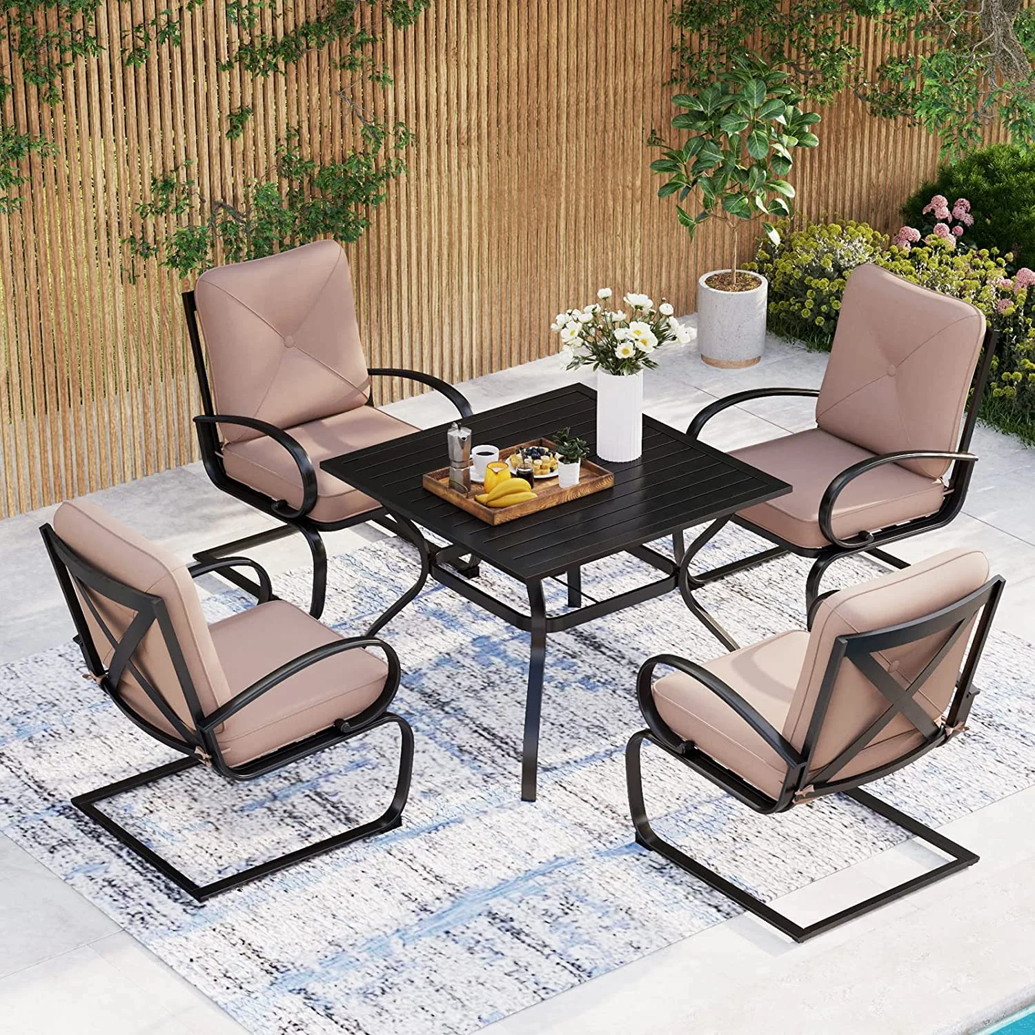 Patio Dining Set for 4 Outdoor Furniture Square Bistro Table with 1.57" Umbrella Hole 4 Spring Motion Chairs with Cushion Beige for Backyard Garden Lawn