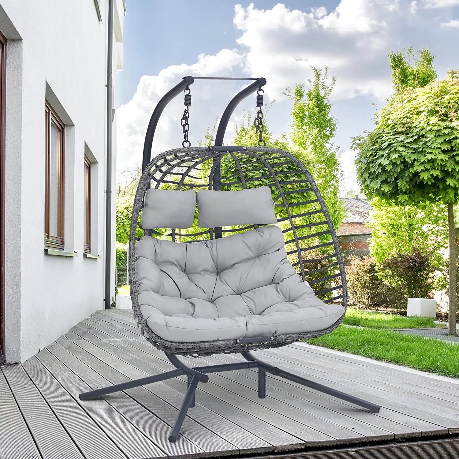 Chair with Stand, Large Hand-Woven Wicker Rattan Hanging Chair for 2 People, Porch Loveseat with Thick Cushion and Sturdy Steel Stand for Indoor Outdoor, Light Grey
