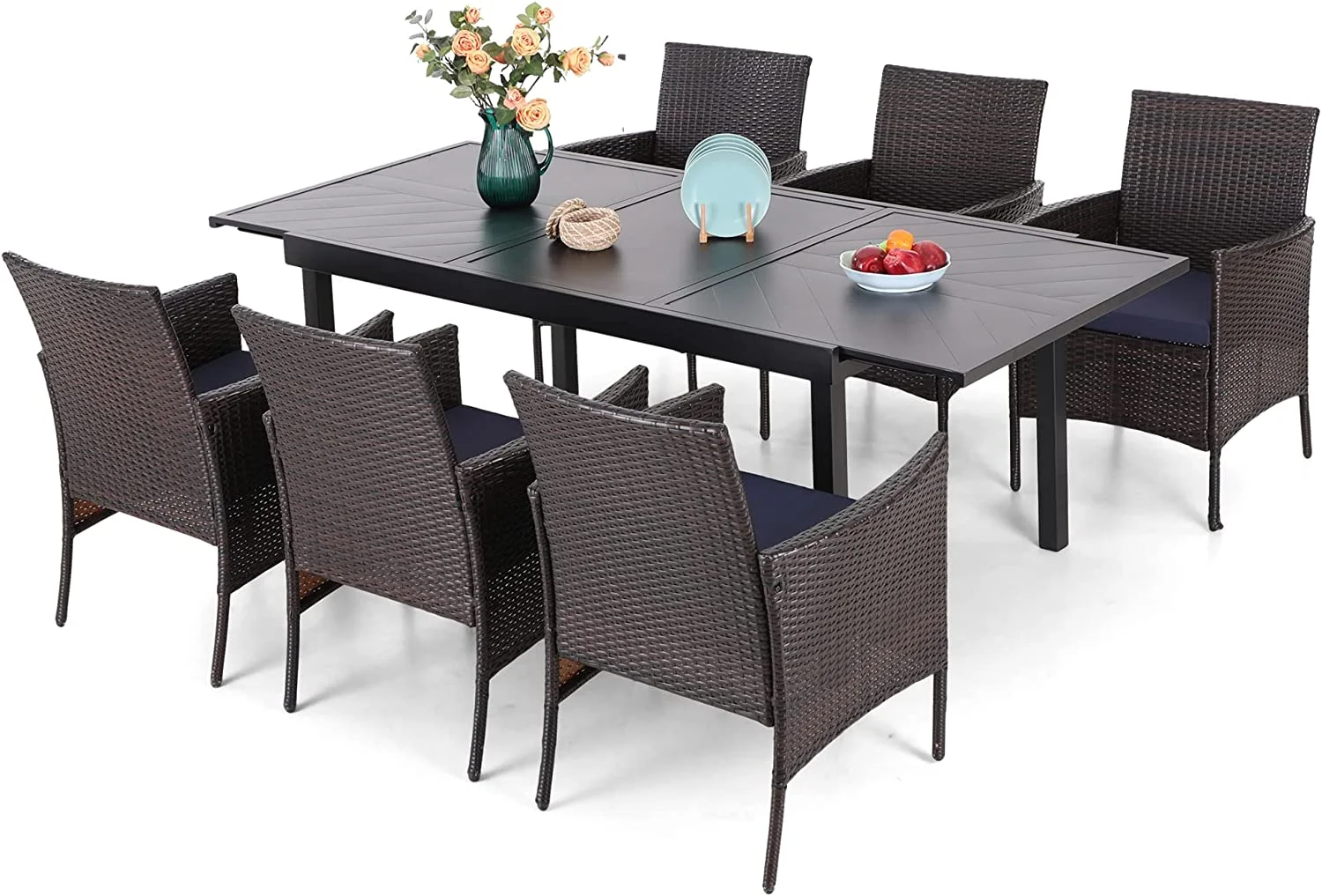 & William 9 Pieces Patio Dining Furniture for 6-8 People  Outdoor PE Rattan Chairs and Expandable Rectangle Metal Table Set  Modern Outside Dining Set with Cushions for Porch  Backyar