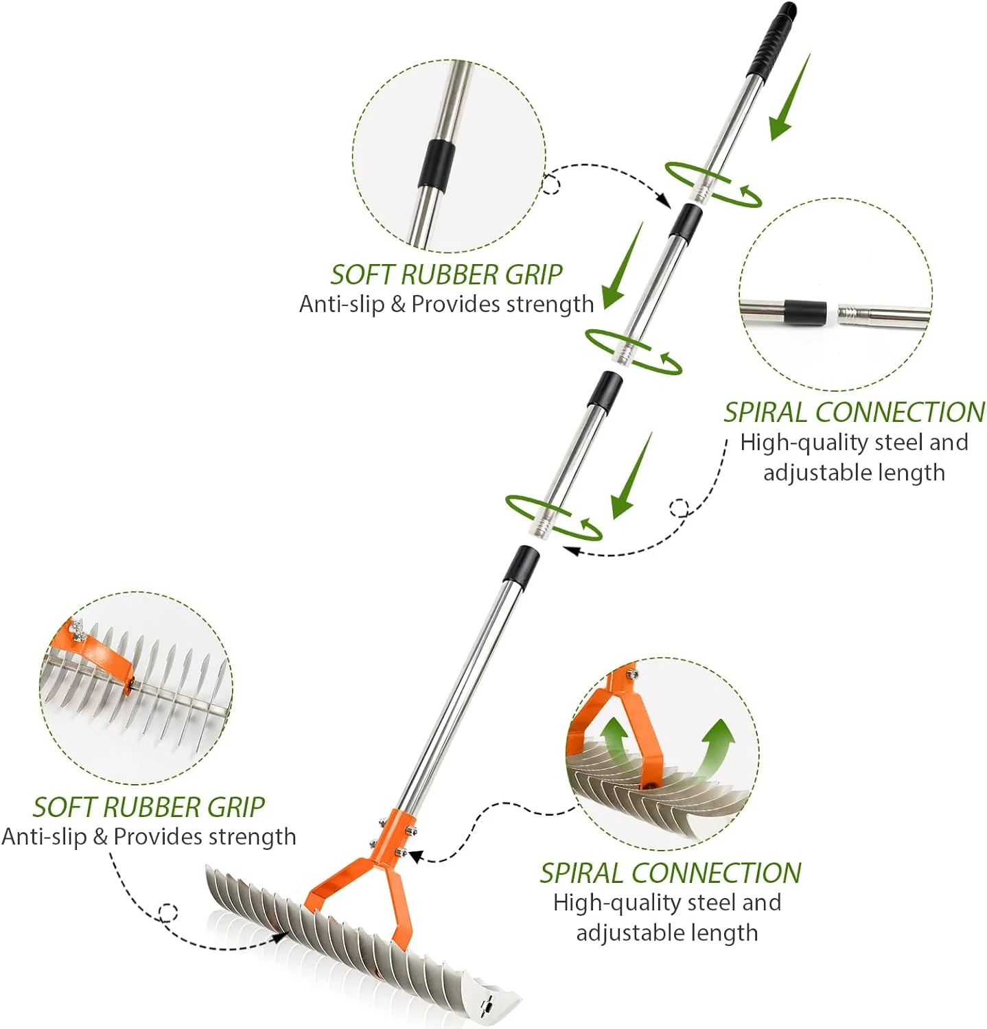 Thatch Rake, 15-Inch Lawn Thatching Rake, Robust Dethatcher Rake, Efficient Steel Metal Rake with Handle, Versatile Grass Grooming Rake for Cleaning Dead Grass, Yard Garden Durable Soil Rake (Orange)
