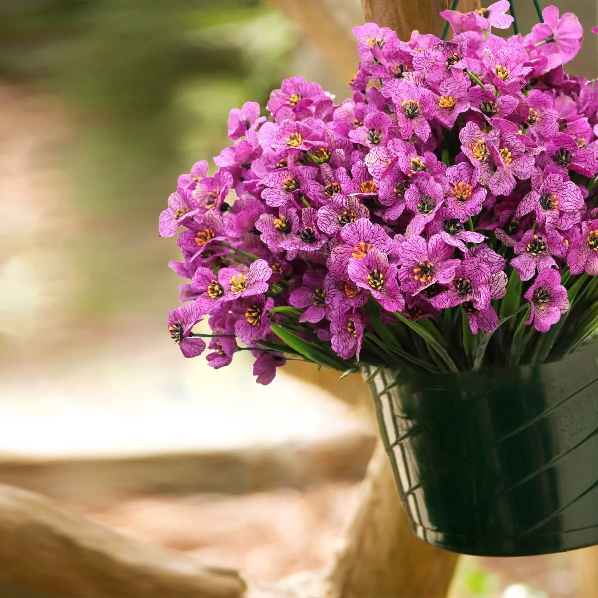 6 Pcs Outdoor Artificial Flowers UV Resistant No Fade Fake Violet Flowers for Indoor Outside Hanging Planter Garden Patio Porch Window Box Wedding Home Décor(Purplish red)