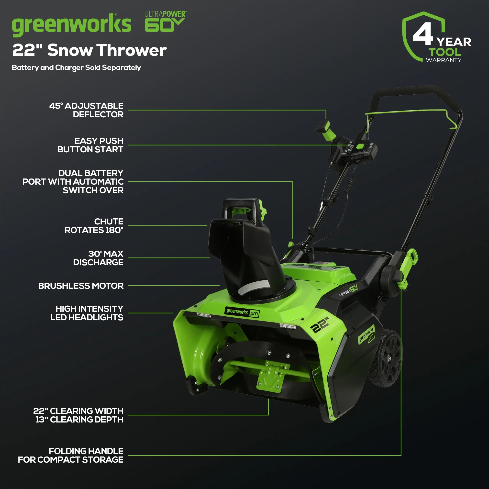 Greenworks SN60L02 Pro 60-Volt 22-in Single-stage Cordless Electric Snow Blower