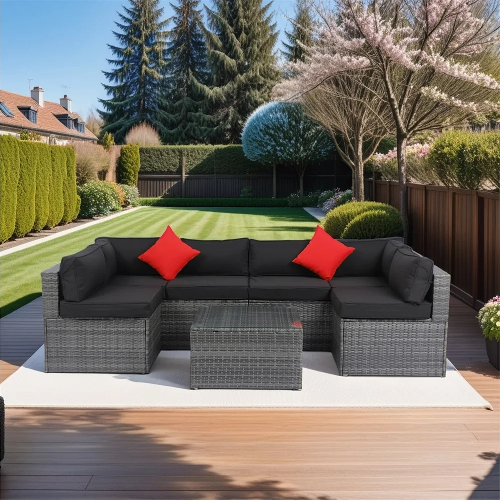 5 Pieces Patio Furniture Set, Outdoor PE Rattan Wicker Conversation Set, Outdoor Sectional Furniture Set with Glass Top Coffee Table, Black