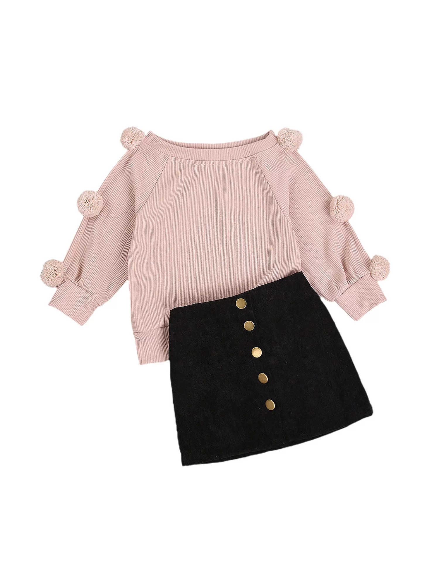 TFFR Kids Toddler Baby Girl Fall Winter Outfit Long Sleeve Knitted Shirt Sweater Button Skirt Set