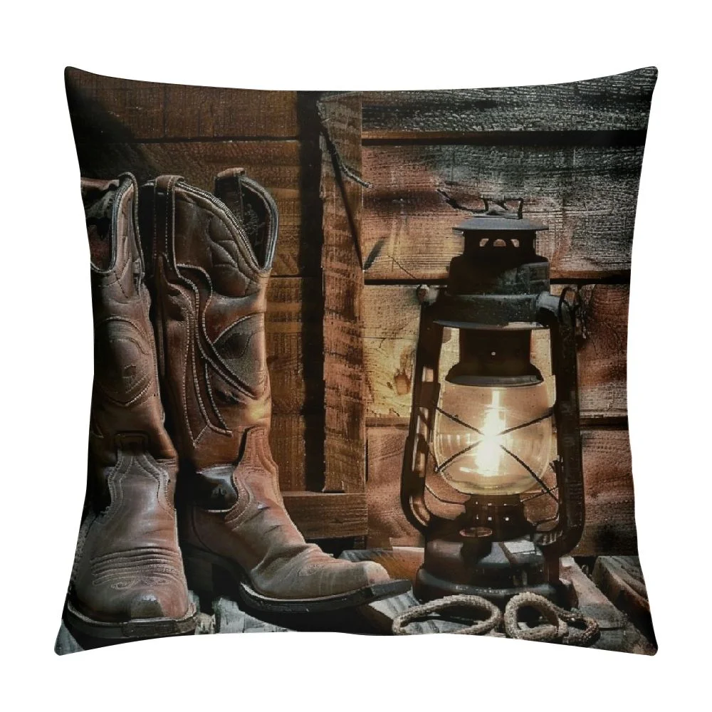 Patifu  Western Throw Pillow Cushion Cover, Wild West Cowboys on a Dallas Bench in Vintage Ranch Nostalgic Folkloric Photograph, Decorative Square Accent Pillow Case,