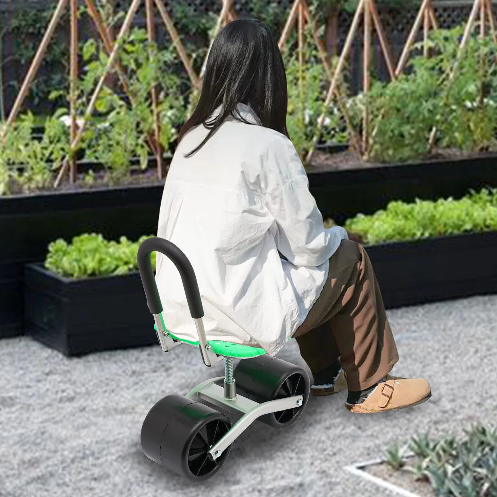 Height Adjust 360° Rotates Gardening Seats w/2 Rolling Wheels Stool Kneeling Pad