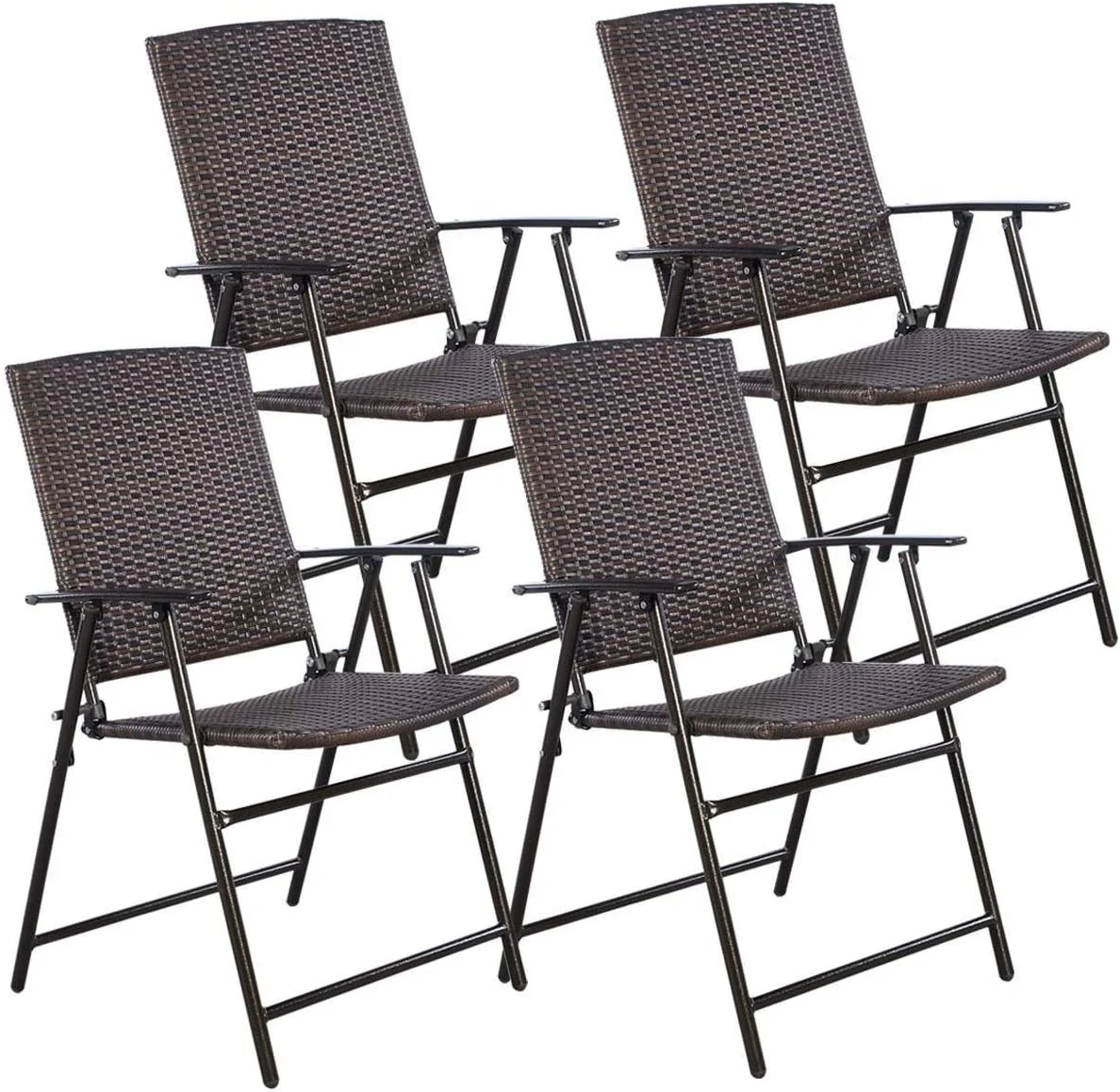 YANRUI P 4 PCS Folding Patio Outdoor Pool Lawn Portable Wicker Armrest & Footrest Durable Rattan Steel Frame Commercial Foldable Stackable Party Wedding Chair Set (24X23X, Mix Brown