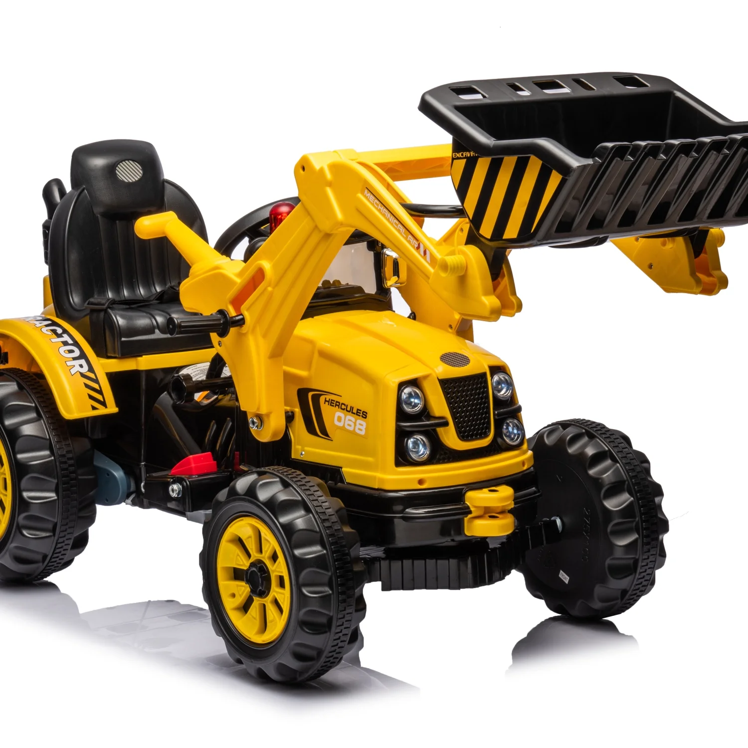 Yellow Ride on Excavator with Safety Belt  Digger for Kids  Front Loader features Horn. 12V Battery Powered Construction Vehicle with 2 Speeds  Forward/Backward movement. Treaded Wheels m