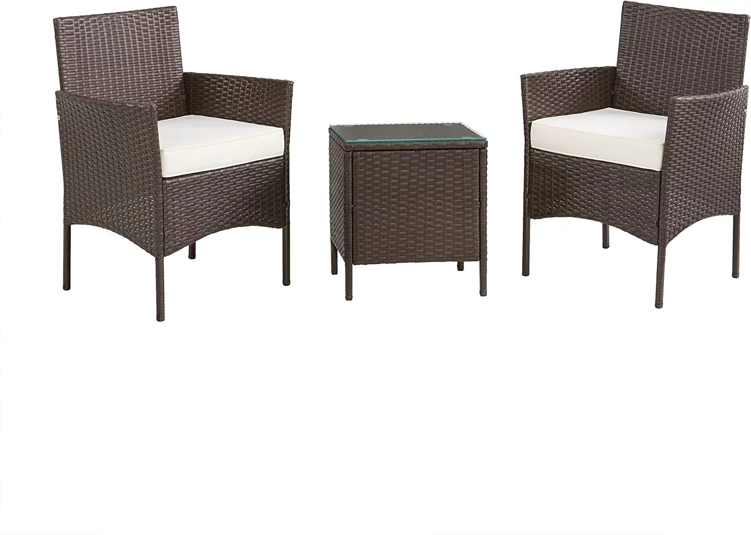 MINGFENG 80-OUTD-WK-CUSHCHTBL (Brown) Outdoor Patio Set – 3-Piece Rattan Seating Combo with 2 Cushioned Chairs and Table for Deck or Front Porch Furniture