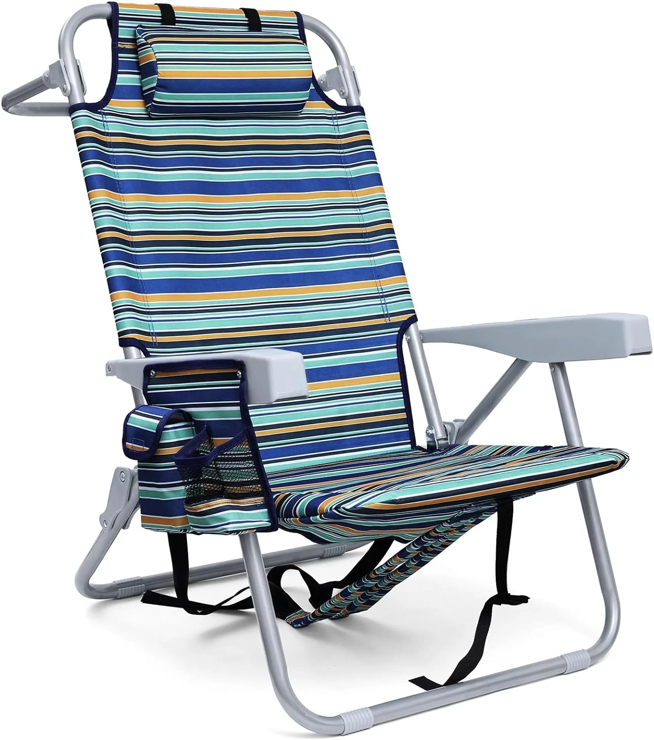 Backpack Beach Chair for Adults, Folding Beach Chair with 4 Positions, Heavy Duty Beach Chair with Large Cooler Pouch Support to 350LBS (Stripes_Blue&Cyan&Yellow)