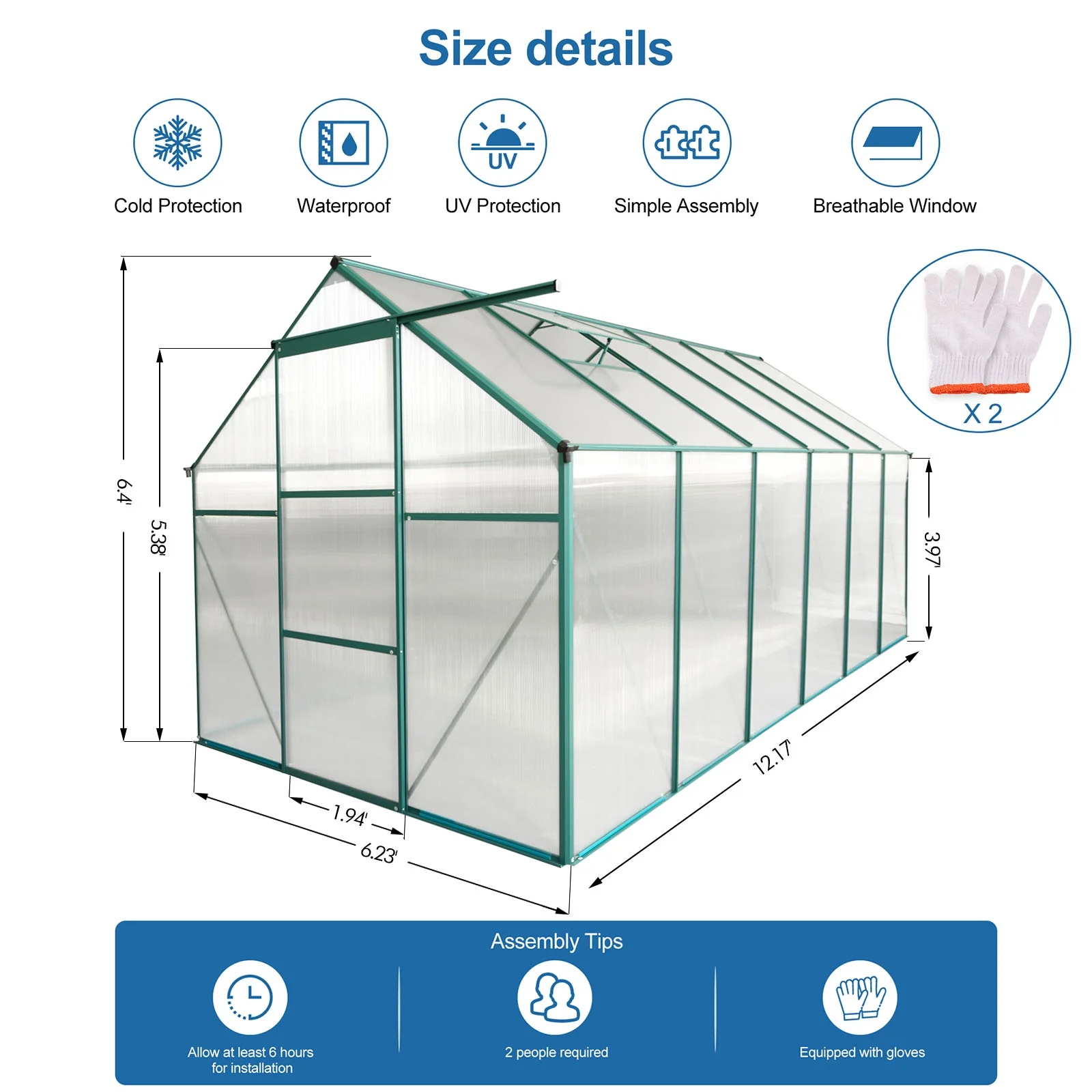 6 x 12ft Outdoor Patio Greenhouse, with Adjustable Roof Vent &Sliding Door,Walk-in Polycarbonate Greenhouse for Flowers Plants, Garden, Backyard (Green)