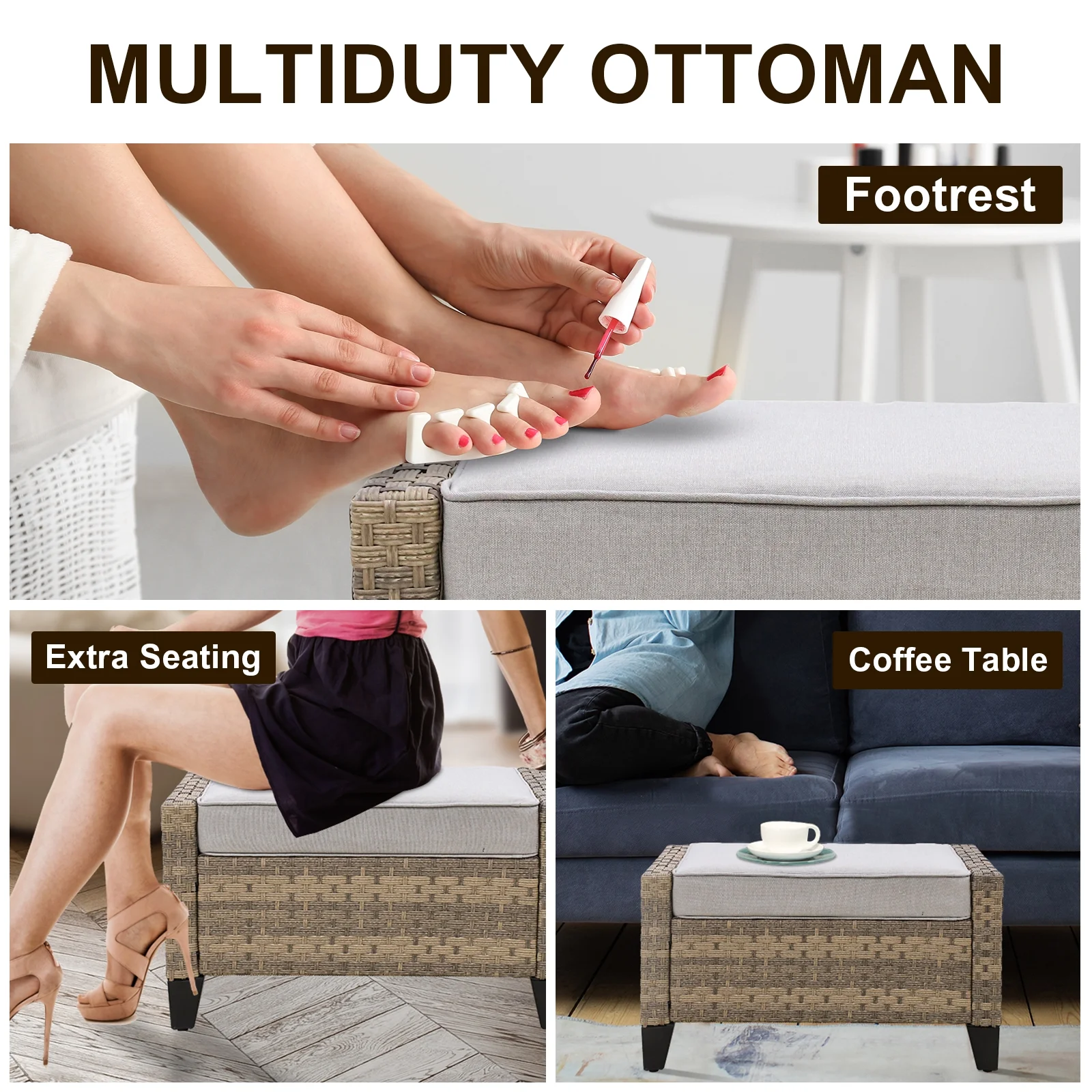 EAGLE PEAK 6 Piece Wicker Outdoor Patio Furniture Set, Patio Set with 2 Patio Chairs, 2 Seat Loveseat Sofa, 2 Ottomans, and Coffee Table, Brown/Beige