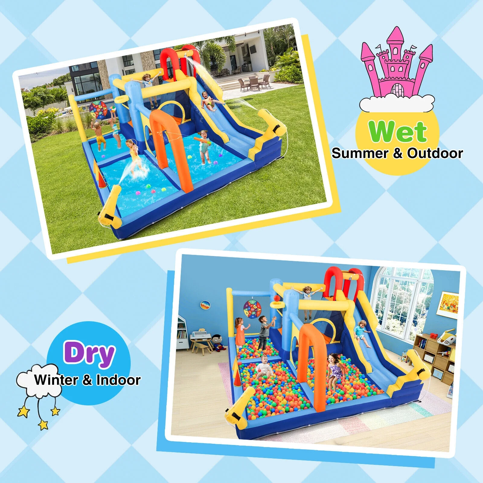 JOYLDIAS Inflatable Water Slide Bouncer Castle Kids Playhouse with Splash Pool, Climbing Wall, Trampoline, Felt Ball Target, Ring Toss Game, 550W Air Blower