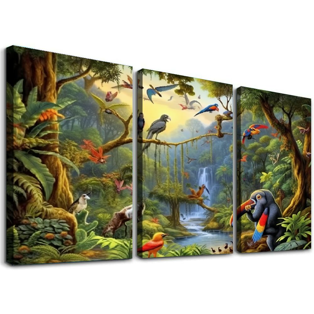 Jiayy Waterfall, Jungle, Primitivism Art Wall Decor Oil Painting 12x16in x3 Wall Art Canvas Print Living Room Bedroom Home Office Wall Decor 12x16x3pcs